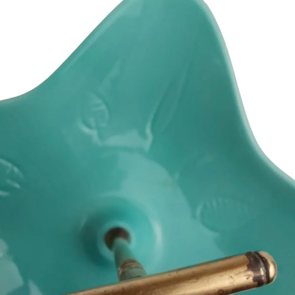 California USA Pottery Turquoise Candy Nut Dish Brass Handle 1950's Vtg Atomic
